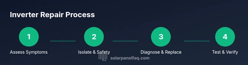 Process infographic showing steps to diagnose, replace parts, and test a solar inverter