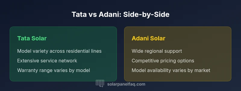 A side-by-side comparison of Tata Solar and Adani Solar panels showing model variety, service network, and pricing