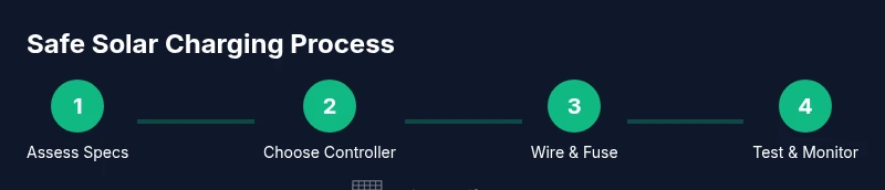 Infographic showing safe process of connecting solar panel to battery via charge controller
